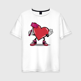 Женская футболка хлопок Oversize с принтом Сердечко сэлфи в Санкт-Петербурге, 100% хлопок | свободный крой, круглый ворот, спущенный рукав, длина до линии бедер
 | peace | selfi | мир | сердечко | сердце | сэлфи | фотка