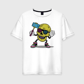 Женская футболка хлопок Oversize с принтом Череп сэлфи в Санкт-Петербурге, 100% хлопок | свободный крой, круглый ворот, спущенный рукав, длина до линии бедер
 | peace | selfi | мир | скелет | сэлфи | фотка | череп | черепушка