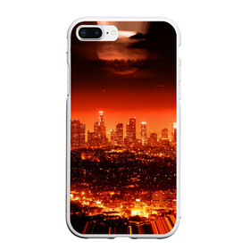 Чехол для iPhone 7Plus/8 Plus матовый с принтом Закат в Нью Йорке в Санкт-Петербурге, Силикон | Область печати: задняя сторона чехла, без боковых панелей | город | закат | красный | луна | мегаполис | месяц | нью йорк | яркий