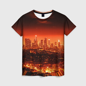 Женская футболка 3D с принтом Закат в Нью Йорке в Санкт-Петербурге, 100% полиэфир ( синтетическое хлопкоподобное полотно) | прямой крой, круглый вырез горловины, длина до линии бедер | город | закат | красный | луна | мегаполис | месяц | нью йорк | яркий