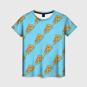 Женская футболка 3D с принтом Пицца паттерн на голубом в Санкт-Петербурге, 100% полиэфир ( синтетическое хлопкоподобное полотно) | прямой крой, круглый вырез горловины, длина до линии бедер | еда | итальянская кухня | кусок пиццы | паттерн | пицца | пицца пепперони | пицца с колбасой и сыром | слайс | фаст фуд