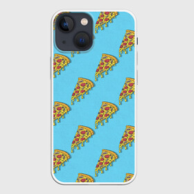 Чехол для iPhone 13 mini с принтом Пицца паттерн на голубом в Санкт-Петербурге,  |  | еда | итальянская кухня | кусок пиццы | паттерн | пицца | пицца пепперони | пицца с колбасой и сыром | слайс | фаст фуд