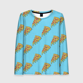 Женский лонгслив 3D с принтом Пицца паттерн на голубом в Санкт-Петербурге, 100% полиэстер | длинные рукава, круглый вырез горловины, полуприлегающий силуэт | еда | итальянская кухня | кусок пиццы | паттерн | пицца | пицца пепперони | пицца с колбасой и сыром | слайс | фаст фуд