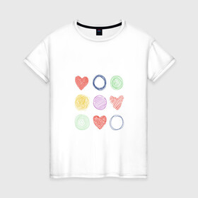 Женская футболка хлопок с принтом Цветные сердца и круги в Санкт-Петербурге, 100% хлопок | прямой крой, круглый вырез горловины, длина до линии бедер, слегка спущенное плечо | Тематика изображения на принте: карандаш | круги | рисование | сердце | узор