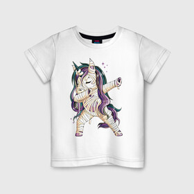 Детская футболка хлопок с принтом Единорог-мумия в Санкт-Петербурге, 100% хлопок | круглый вырез горловины, полуприлегающий силуэт, длина до линии бедер | unicorn | бинты | единорог | инрог | мифическое существо | мумия | пони | сказочная лошадь