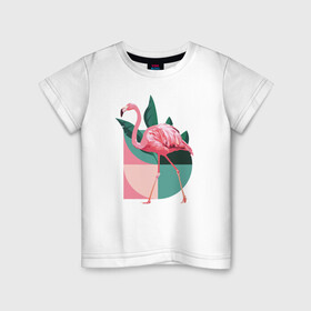 Детская футболка хлопок с принтом Розовый фламинго в Санкт-Петербурге, 100% хлопок | круглый вырез горловины, полуприлегающий силуэт, длина до линии бедер | геометрия | птица | растения | розовый | розовый фламинго | фламинго | шея