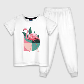 Детская пижама хлопок с принтом Розовый фламинго в Санкт-Петербурге, 100% хлопок |  брюки и футболка прямого кроя, без карманов, на брюках мягкая резинка на поясе и по низу штанин
 | геометрия | птица | растения | розовый | розовый фламинго | фламинго | шея