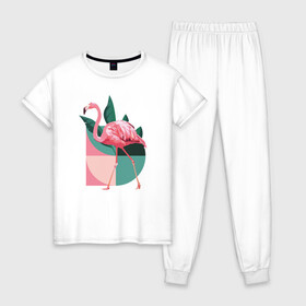 Женская пижама хлопок с принтом Розовый фламинго в Санкт-Петербурге, 100% хлопок | брюки и футболка прямого кроя, без карманов, на брюках мягкая резинка на поясе и по низу штанин | геометрия | птица | растения | розовый | розовый фламинго | фламинго | шея
