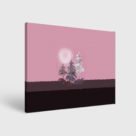 Холст прямоугольный с принтом Розовое сияние  в Санкт-Петербурге, 100% ПВХ |  | елка | ель | зима | коричневый и розовый | лес | луна | мозаика | мозаичный узор | новогодний | розовый | солнце | утро
