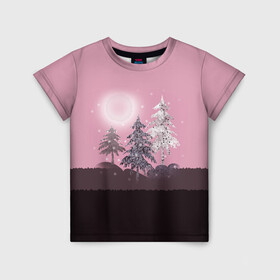 Детская футболка 3D с принтом Розовое сияние  в Санкт-Петербурге, 100% гипоаллергенный полиэфир | прямой крой, круглый вырез горловины, длина до линии бедер, чуть спущенное плечо, ткань немного тянется | Тематика изображения на принте: елка | ель | зима | коричневый и розовый | лес | луна | мозаика | мозаичный узор | новогодний | розовый | солнце | утро