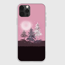 Чехол для iPhone 12 Pro с принтом Розовое сияние  в Санкт-Петербурге, силикон | область печати: задняя сторона чехла, без боковых панелей | елка | ель | зима | коричневый и розовый | лес | луна | мозаика | мозаичный узор | новогодний | розовый | солнце | утро
