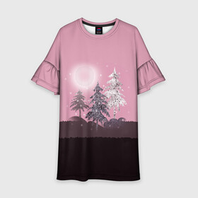 Детское платье 3D с принтом Розовое сияние  в Санкт-Петербурге, 100% полиэстер | прямой силуэт, чуть расширенный к низу. Круглая горловина, на рукавах — воланы | Тематика изображения на принте: елка | ель | зима | коричневый и розовый | лес | луна | мозаика | мозаичный узор | новогодний | розовый | солнце | утро