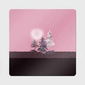 Магнит виниловый Квадрат с принтом Розовое сияние  в Санкт-Петербурге, полимерный материал с магнитным слоем | размер 9*9 см, закругленные углы | елка | ель | зима | коричневый и розовый | лес | луна | мозаика | мозаичный узор | новогодний | розовый | солнце | утро
