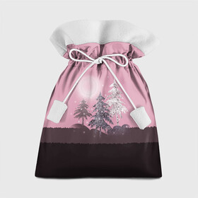 Подарочный 3D мешок с принтом Розовое сияние  в Санкт-Петербурге, 100% полиэстер | Размер: 29*39 см | Тематика изображения на принте: елка | ель | зима | коричневый и розовый | лес | луна | мозаика | мозаичный узор | новогодний | розовый | солнце | утро