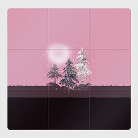 Магнитный плакат 3Х3 с принтом Розовое сияние  в Санкт-Петербурге, Полимерный материал с магнитным слоем | 9 деталей размером 9*9 см | Тематика изображения на принте: елка | ель | зима | коричневый и розовый | лес | луна | мозаика | мозаичный узор | новогодний | розовый | солнце | утро