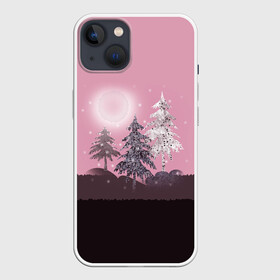 Чехол для iPhone 13 с принтом Розовое сияние в Санкт-Петербурге,  |  | елка | ель | зима | коричневый и розовый | лес | луна | мозаика | мозаичный узор | новогодний | розовый | солнце | утро
