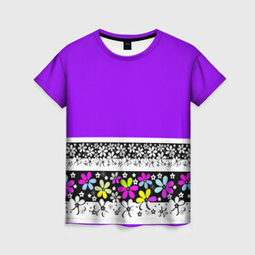Женская футболка 3D с принтом Яркий фиолетовый цветочный  в Санкт-Петербурге, 100% полиэфир ( синтетическое хлопкоподобное полотно) | прямой крой, круглый вырез горловины, длина до линии бедер | детский | женский | кайма | лето | разноцветные ромашки | ромашки | фиолетовый | фиолетовый и желтый | цветочный узор | цветы