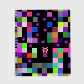Тетрадь с принтом Arcade Pig в Санкт-Петербурге, 100% бумага | 48 листов, плотность листов — 60 г/м2, плотность картонной обложки — 250 г/м2. Листы скреплены сбоку удобной пружинной спиралью. Уголки страниц и обложки скругленные. Цвет линий — светло-серый
 | аркада | аркадная игра | мозайка из пикселей | разноцветные квадраты | свинка | свинья на кубе | цифровые кубики