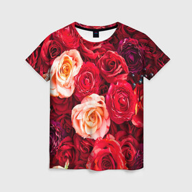 Женская футболка 3D с принтом Букет роз в Санкт-Петербурге, 100% полиэфир ( синтетическое хлопкоподобное полотно) | прямой крой, круглый вырез горловины, длина до линии бедер | большие | букет | девушкам | красивые | пышные | розы | цветы | яркие