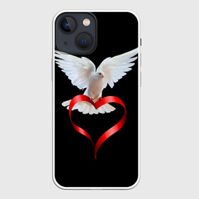Чехол для iPhone 13 mini с принтом Голубь любви в Санкт-Петербурге,  |  | белый | голубь | красивый | ленточка | любовь | сердце