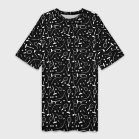 Платье-футболка 3D с принтом Черно белый спортивный узор в Санкт-Петербурге,  |  | клюшка | лук | молодежный | монохромный | мяч | поло | ракетка | спортивный инвентарь | стрелы