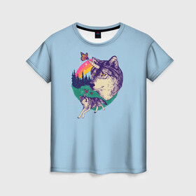 Женская футболка 3D с принтом Волк единорог в Санкт-Петербурге, 100% полиэфир ( синтетическое хлопкоподобное полотно) | прямой крой, круглый вырез горловины, длина до линии бедер | unicorn | бабочка | волки | деревья | детская | единорог | лес | радуга
