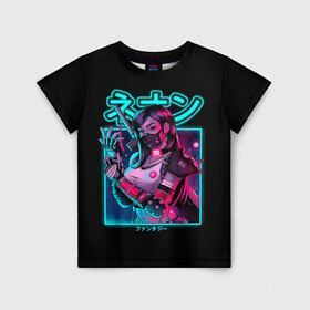 Детская футболка 3D с принтом Neon girl в Санкт-Петербурге, 100% гипоаллергенный полиэфир | прямой крой, круглый вырез горловины, длина до линии бедер, чуть спущенное плечо, ткань немного тянется | anime | girl | hieroglyphs | katana | neon | samurai | аниме | девушка | иероглифы | катана | неон | самурай