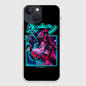 Чехол для iPhone 13 mini с принтом Neon girl в Санкт-Петербурге,  |  | anime | girl | hieroglyphs | katana | neon | samurai | аниме | девушка | иероглифы | катана | неон | самурай