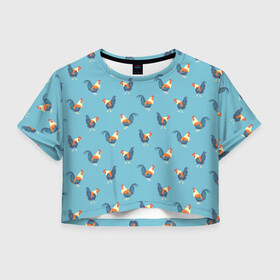 Женская футболка Crop-top 3D с принтом Петушки паттерн в Санкт-Петербурге, 100% полиэстер | круглая горловина, длина футболки до линии талии, рукава с отворотами | rooster | паттерн | петух | петушки | птица | рисунок