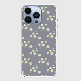 Чехол для iPhone 13 Pro с принтом Ромашки на сером паттерн в Санкт-Петербурге,  |  | летний принт | паттерн | полевые цветы | природа | растения | ромашки | серый | цветы