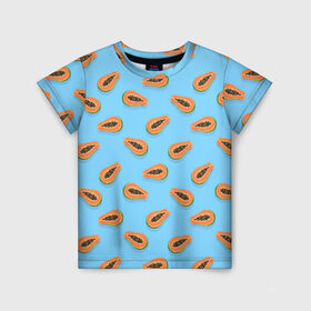 Детская футболка 3D с принтом Папайа паттерн в Санкт-Петербурге, 100% гипоаллергенный полиэфир | прямой крой, круглый вырез горловины, длина до линии бедер, чуть спущенное плечо, ткань немного тянется | вегетарианец | еда | зож | иллюстрация | летний принт | папайа | паттерн | правильное питание | рисунок | фрукты