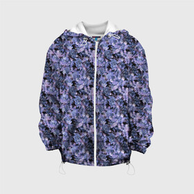 Детская куртка 3D с принтом Сине-фиолетовый цветочный узор в Санкт-Петербурге, 100% полиэстер | застежка — молния, подол и капюшон оформлены резинкой с фиксаторами, по бокам — два кармана без застежек, один потайной карман на груди, плотность верхнего слоя — 90 г/м2; плотность флисового подклада — 260 г/м2 | однотонный | ретро | синие цветы | темный узор | цветочный узор | цветы