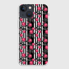 Чехол для iPhone 13 mini с принтом акварельные розы на полосатом в Санкт-Петербурге,  |  | Тематика изображения на принте: акварельные розы | акварельный | красный | красный и черный | полосатый | полосатый черный | полосы | розы | черный