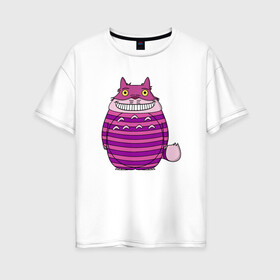 Женская футболка хлопок Oversize с принтом Totoro Cat в Санкт-Петербурге, 100% хлопок | свободный крой, круглый ворот, спущенный рукав, длина до линии бедер
 | cat | ghibli | japan | nature | neigbor | neighbour | totoro | анимация | аниме | гибли | друг | животные | кот | кошка | лес | милый | мир | миядзаки | мой сосед тоторо | мульт | мультфильм | природа | сосед | тоторо | хаяо