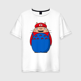 Женская футболка хлопок Oversize с принтом Totoro Mario в Санкт-Петербурге, 100% хлопок | свободный крой, круглый ворот, спущенный рукав, длина до линии бедер
 | ghibli | japan | mario | nature | neigbor | neighbour | totoro | анимация | аниме | гибли | друг | животные | лес | марио | милый | мир | миядзаки | мой сосед тоторо | мульт | мультфильм | природа | сосед | тоторо | хаяо | хранитель