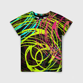 Детская футболка 3D с принтом Разноцветные спирали  в Санкт-Петербурге, 100% гипоаллергенный полиэфир | прямой крой, круглый вырез горловины, длина до линии бедер, чуть спущенное плечо, ткань немного тянется | Тематика изображения на принте: абстрактный | желтый | круги | модный | молодежный | разводы | разноцветная абстракция | розовый | современный | спирали | черный