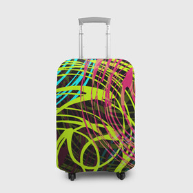 Чехол для чемодана 3D с принтом Разноцветные спирали  в Санкт-Петербурге, 86% полиэфир, 14% спандекс | двустороннее нанесение принта, прорези для ручек и колес | абстрактный | желтый | круги | модный | молодежный | разводы | разноцветная абстракция | розовый | современный | спирали | черный