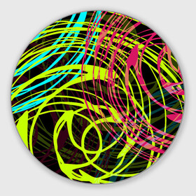 Коврик для мышки круглый с принтом Разноцветные спирали  в Санкт-Петербурге, резина и полиэстер | круглая форма, изображение наносится на всю лицевую часть | абстрактный | желтый | круги | модный | молодежный | разводы | разноцветная абстракция | розовый | современный | спирали | черный