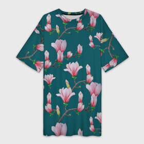 Платье-футболка 3D с принтом Розовые магнолии на бирюзовом в Санкт-Петербурге,  |  | 8 марта | flowers | summer | бирюзовый | ботаническая иллюстрация | весна | зеленый | лето | любовь | магнолия | праздник | принт | природа | растения | розовый | цветы