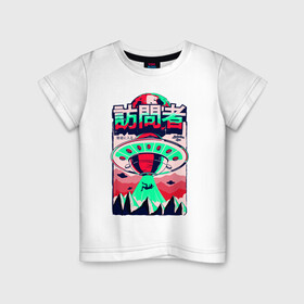 Детская футболка хлопок с принтом НЛО Похищение в Санкт-Петербурге, 100% хлопок | круглый вырез горловины, полуприлегающий силуэт, длина до линии бедер | горы | иероглифы | инопланетяне | летающая тарелка | марсианин | нло | пришельцы