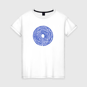 Женская футболка хлопок с принтом Лазерный лабиринт  в Санкт-Петербурге, 100% хлопок | прямой крой, круглый вырез горловины, длина до линии бедер, слегка спущенное плечо | secret lab | круглый лабиринт | лазерная арена | лазерный круг | неон | синий круг