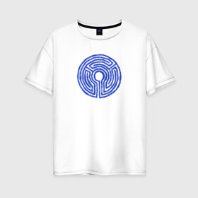 Женская футболка хлопок Oversize с принтом Лазерный лабиринт  в Санкт-Петербурге, 100% хлопок | свободный крой, круглый ворот, спущенный рукав, длина до линии бедер
 | secret lab | круглый лабиринт | лазерная арена | лазерный круг | неон | синий круг
