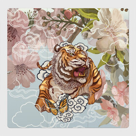 Магнитный плакат 3Х3 с принтом Тигр в облаках в Санкт-Петербурге, Полимерный материал с магнитным слоем | 9 деталей размером 9*9 см | Тематика изображения на принте: бабочка | восточные мотивы | нежность | облака | сакура | тигр | хищник | цветы
