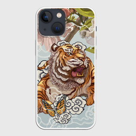 Чехол для iPhone 13 mini с принтом Тигр в облаках в Санкт-Петербурге,  |  | бабочка | восточные мотивы | нежность | облака | сакура | тигр | хищник | цветы