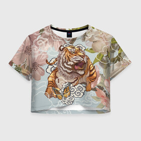 Женская футболка Crop-top 3D с принтом Тигр в облаках в Санкт-Петербурге, 100% полиэстер | круглая горловина, длина футболки до линии талии, рукава с отворотами | бабочка | восточные мотивы | нежность | облака | сакура | тигр | хищник | цветы