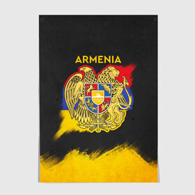 Постер с принтом Yellow and Black Armenia в Санкт-Петербурге, 100% бумага
 | бумага, плотность 150 мг. Матовая, но за счет высокого коэффициента гладкости имеет небольшой блеск и дает на свету блики, но в отличии от глянцевой бумаги не покрыта лаком | armenia | logo | армения | армян | армяни | герб | лев и орел | лого | символ | флаг | флаг и герб армении