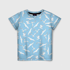 Детская футболка 3D с принтом Чайки в небе паттерн в Санкт-Петербурге, 100% гипоаллергенный полиэфир | прямой крой, круглый вырез горловины, длина до линии бедер, чуть спущенное плечо, ткань немного тянется | Тематика изображения на принте: акварель | голубое небо | иллюстрация | паттерн | птицы | рисунок | чайка | чайки | чайки в небе