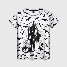 Женская футболка 3D с принтом Хэллоуин, Grim Reaper в Санкт-Петербурге, 100% полиэфир ( синтетическое хлопкоподобное полотно) | прямой крой, круглый вырез горловины, длина до линии бедер | bat | death | ghost | halloween | horror | spiderweb | вампиры | летучая мышь | летучие мыши | нечистая сила | нечисть | пауки | паутина | привидение | призрак | страшный | тыква | тьма | хеллоуин | хоррор | хэллоуин
