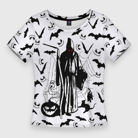Женская футболка 3D Slim с принтом Хэллоуин, Grim Reaper в Санкт-Петербурге,  |  | bat | death | ghost | halloween | horror | spiderweb | вампиры | летучая мышь | летучие мыши | нечистая сила | нечисть | пауки | паутина | привидение | призрак | страшный | тыква | тьма | хеллоуин | хоррор | хэллоуин