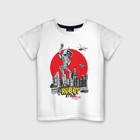 Детская футболка хлопок с принтом Бруклин атакует робот в Санкт-Петербурге, 100% хлопок | круглый вырез горловины, полуприлегающий силуэт, длина до линии бедер | бруклин | город | железяка | иллюстрация | робот | самолет | сша